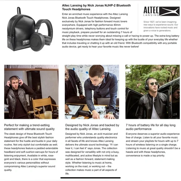 Altec Lansing NJHP-2-BLK Nick Jonas Collaboration Bluetooth Touch Headphones - Picture 4 of 10